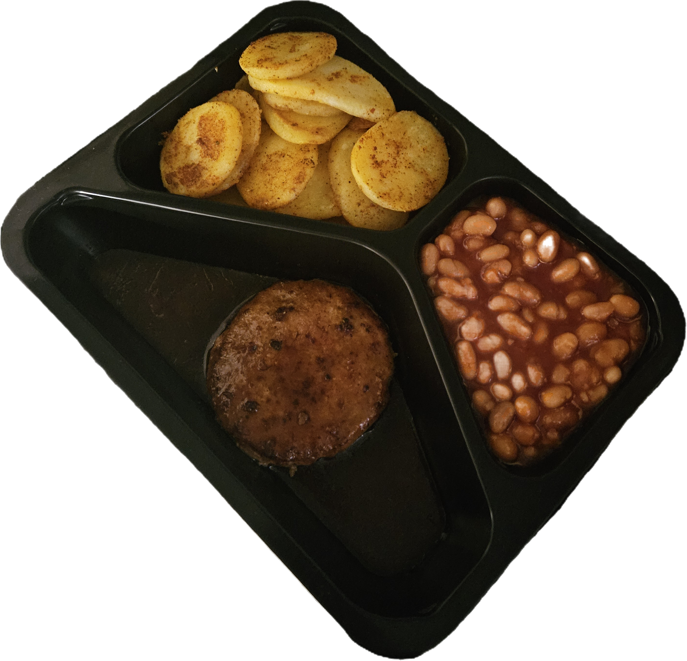 Aardappelschijfjes met witte bonen in tomatensaus en een kipburger