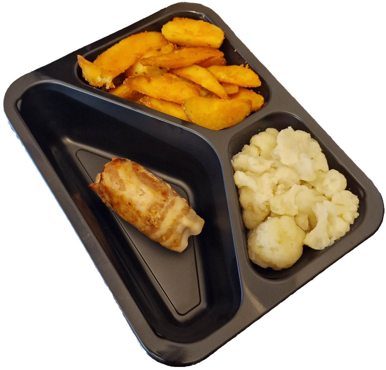 Aardappelpartjes met bloemkool en een slavink