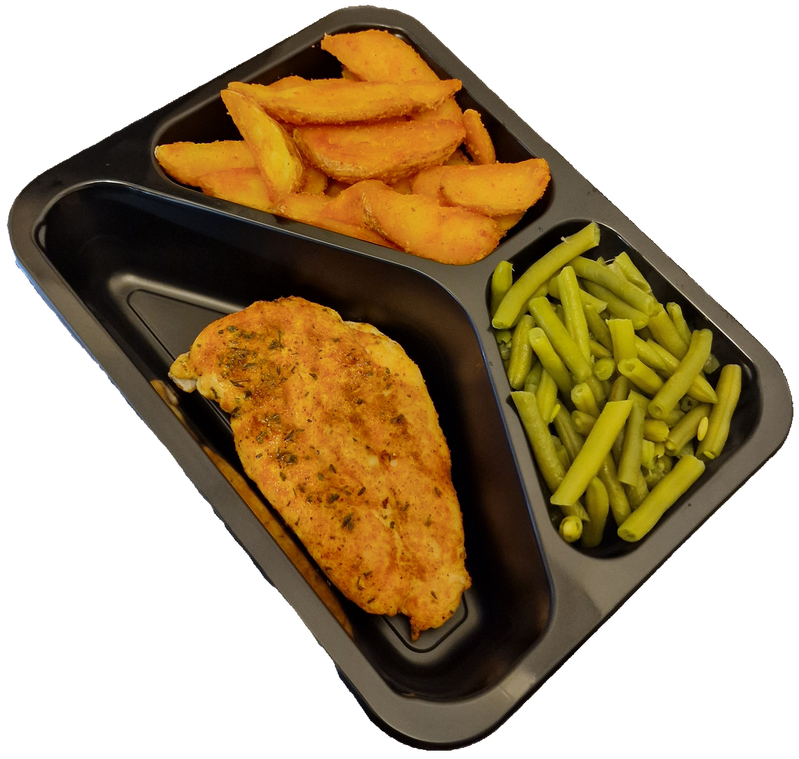 Aardappelpartjes met sperziebonen en een kipfilet