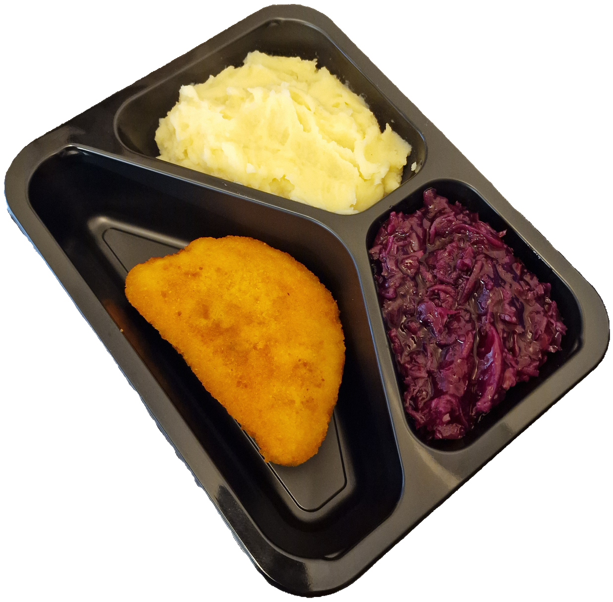 Aardappelpuree met rode kool en een cordon bleu