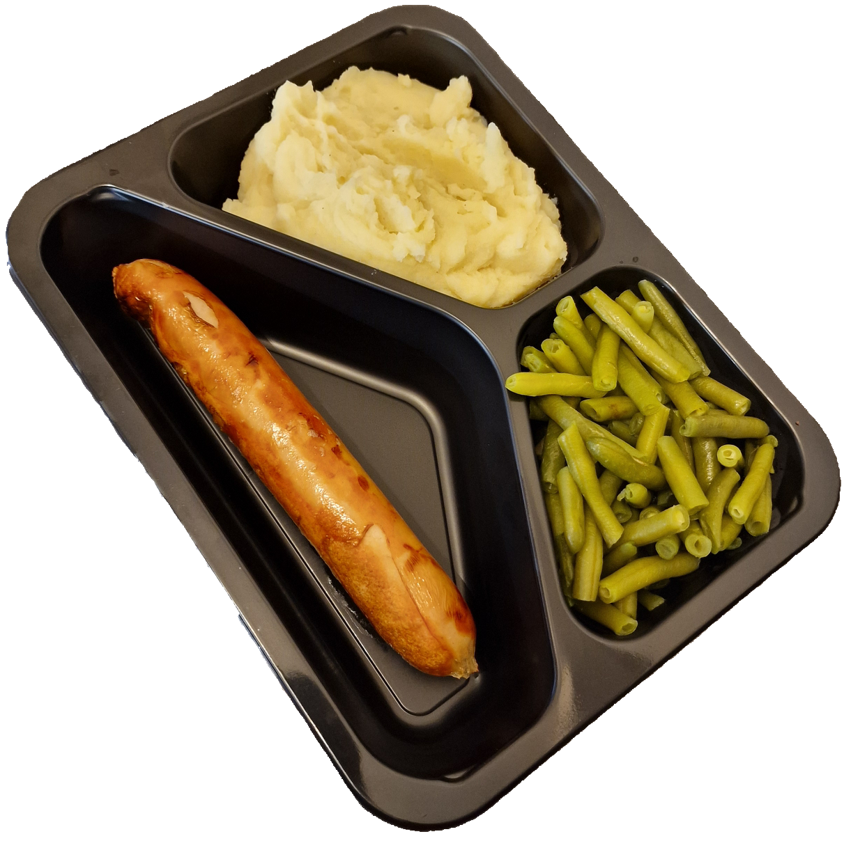 Aardappelpuree met sperziebonen en een braadworst