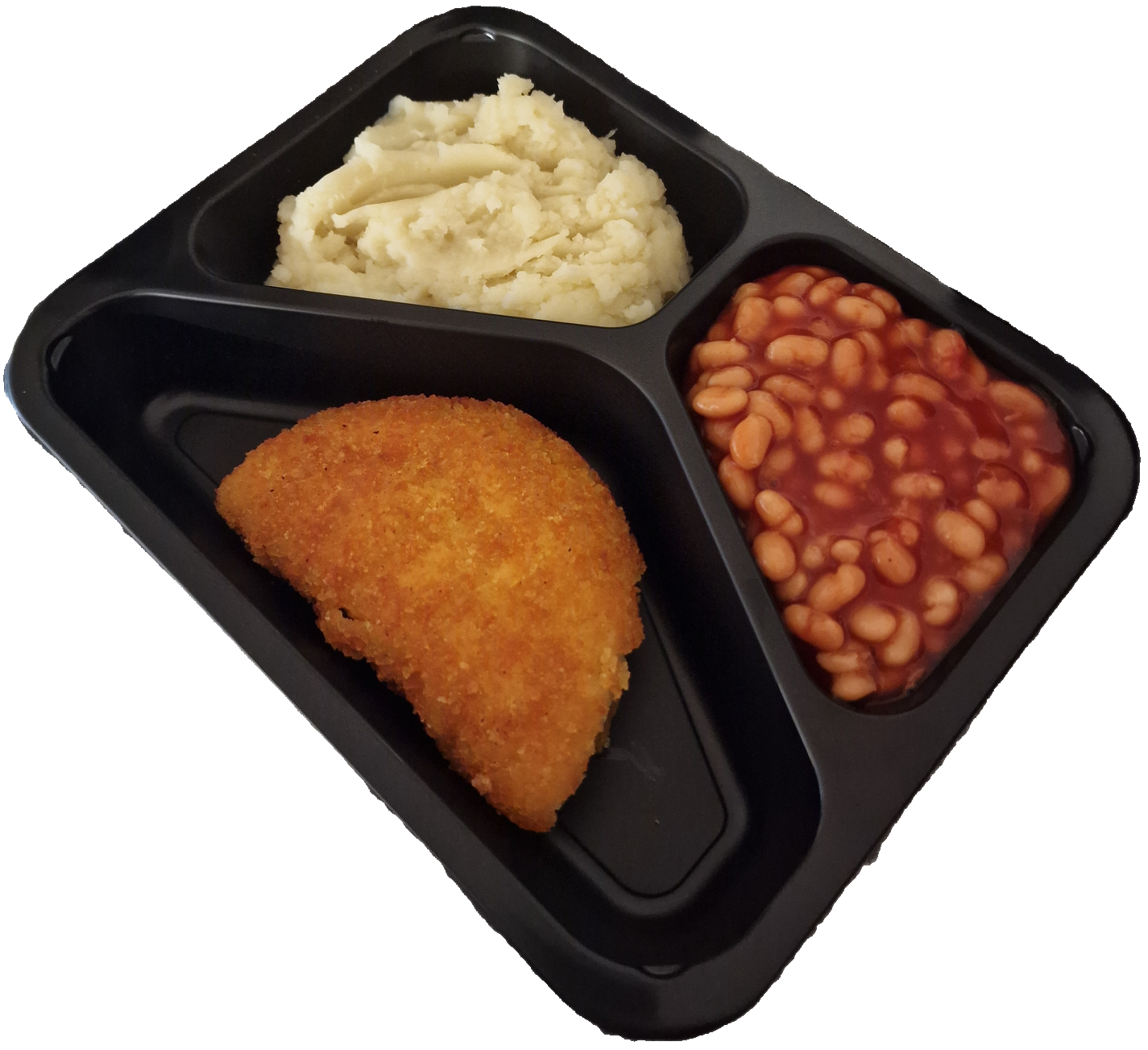 Aardappelpuree met witte bonen in tomatensaus en een cordon bleu