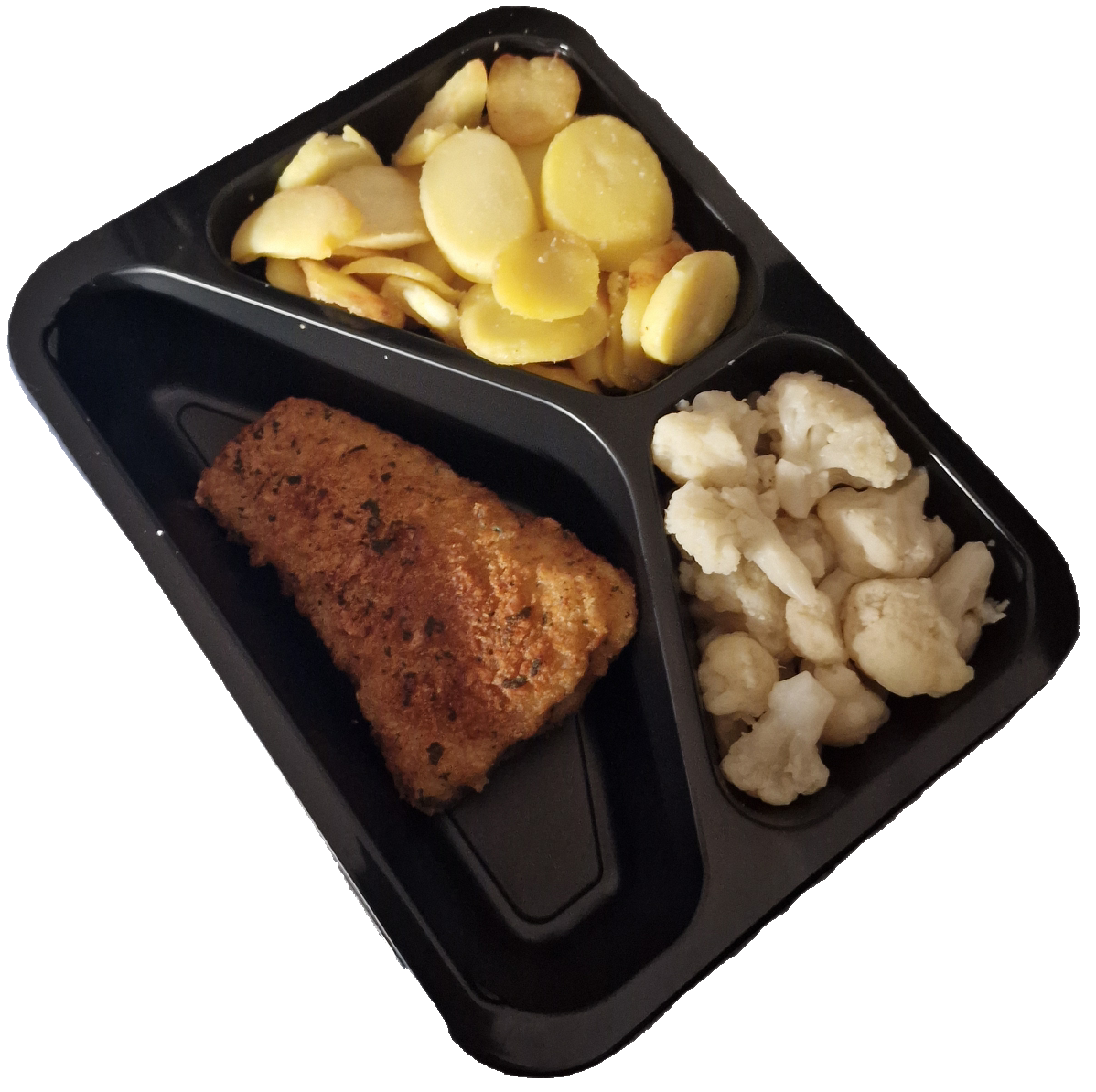 Aardappelschijfjes met bloemkool en een lekkerbek