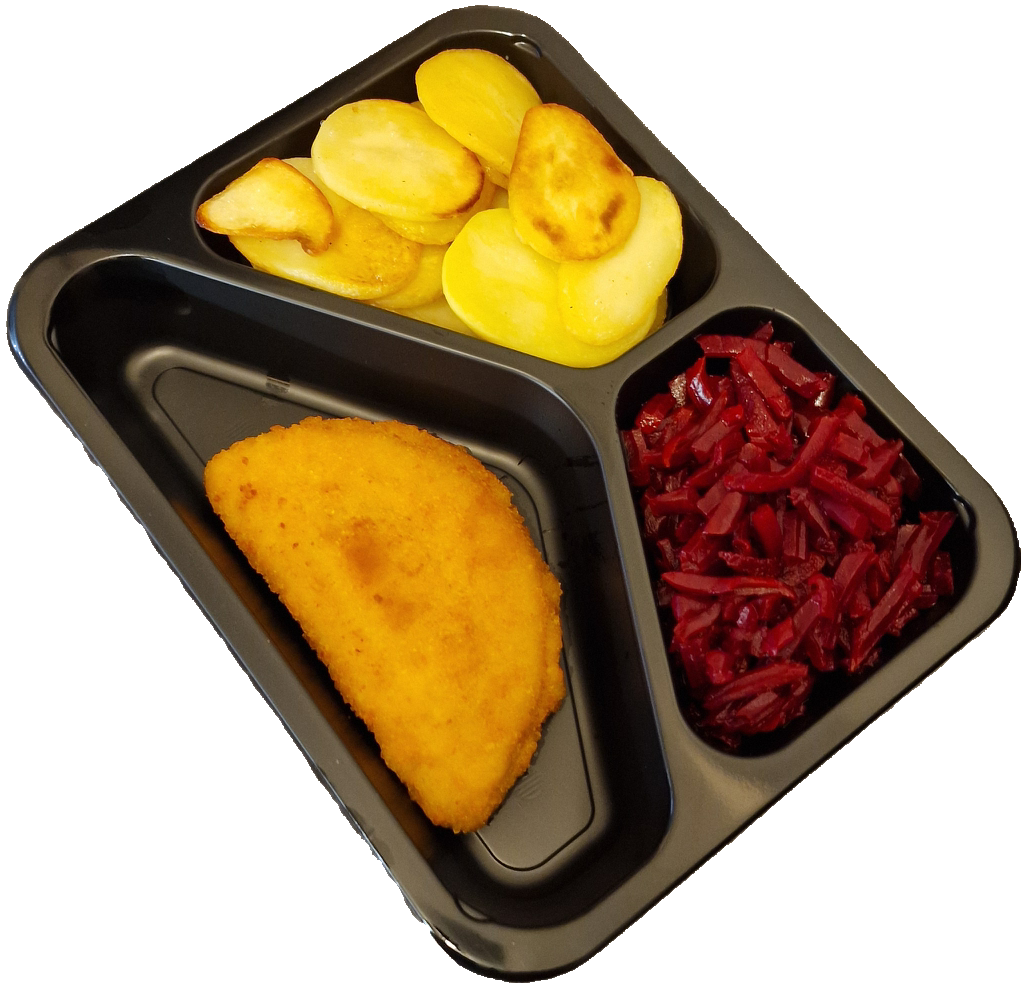 Aardappelschijfjes met rode bieten en een cordon bleu