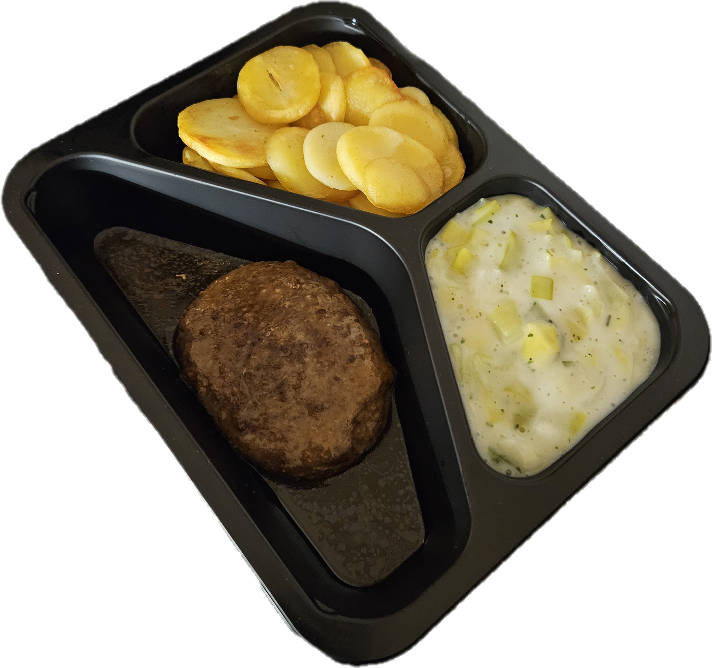 Aardappelschijfjes met prei in groentesaus en een hamburger