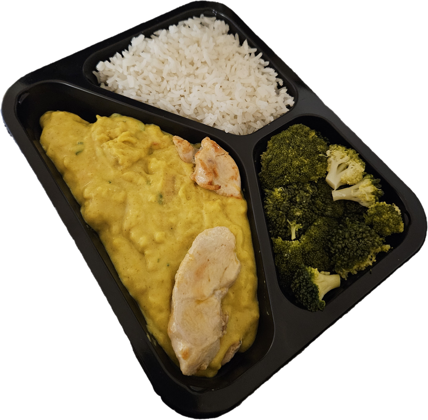 Witte rijst met broccoli en kipreepjes in kerriesaus