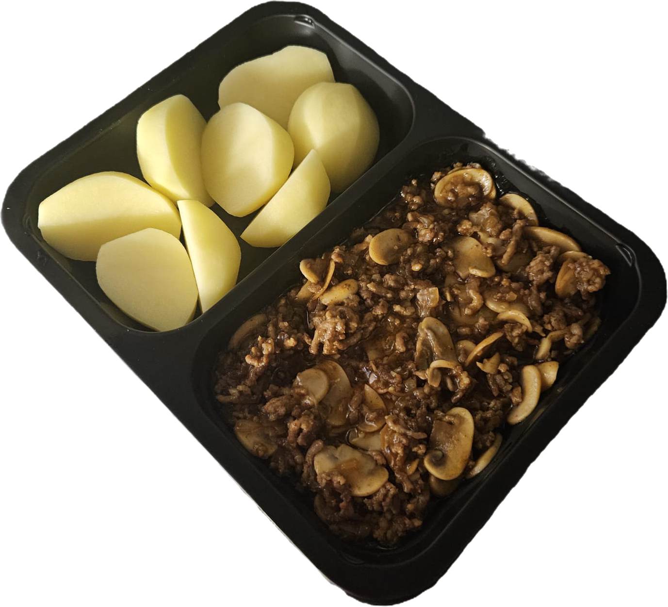 Gehaktpannetje met gekookte aardappelen of witte rijst