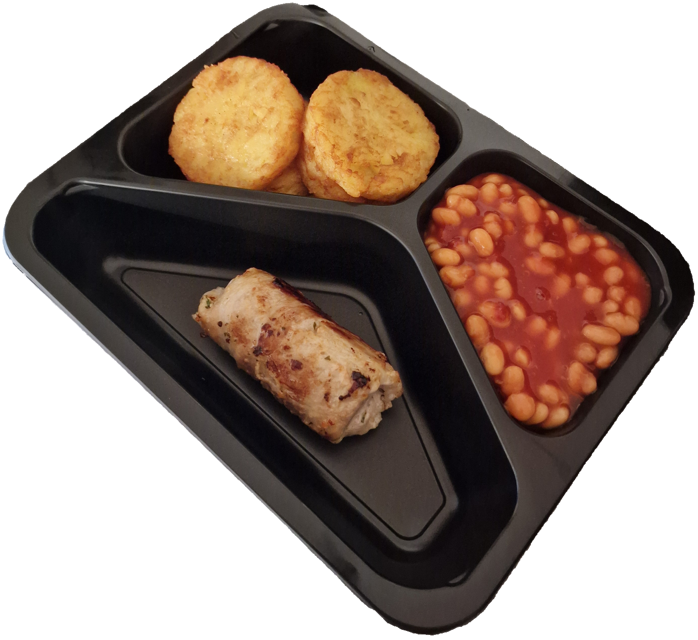 Röstirondjes met witte bonen in tomatensaus en een slavink