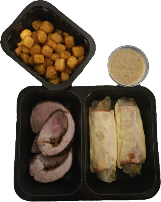 Gekruide krieltjes met witlof ingerold in ham en kaas, en rollade.