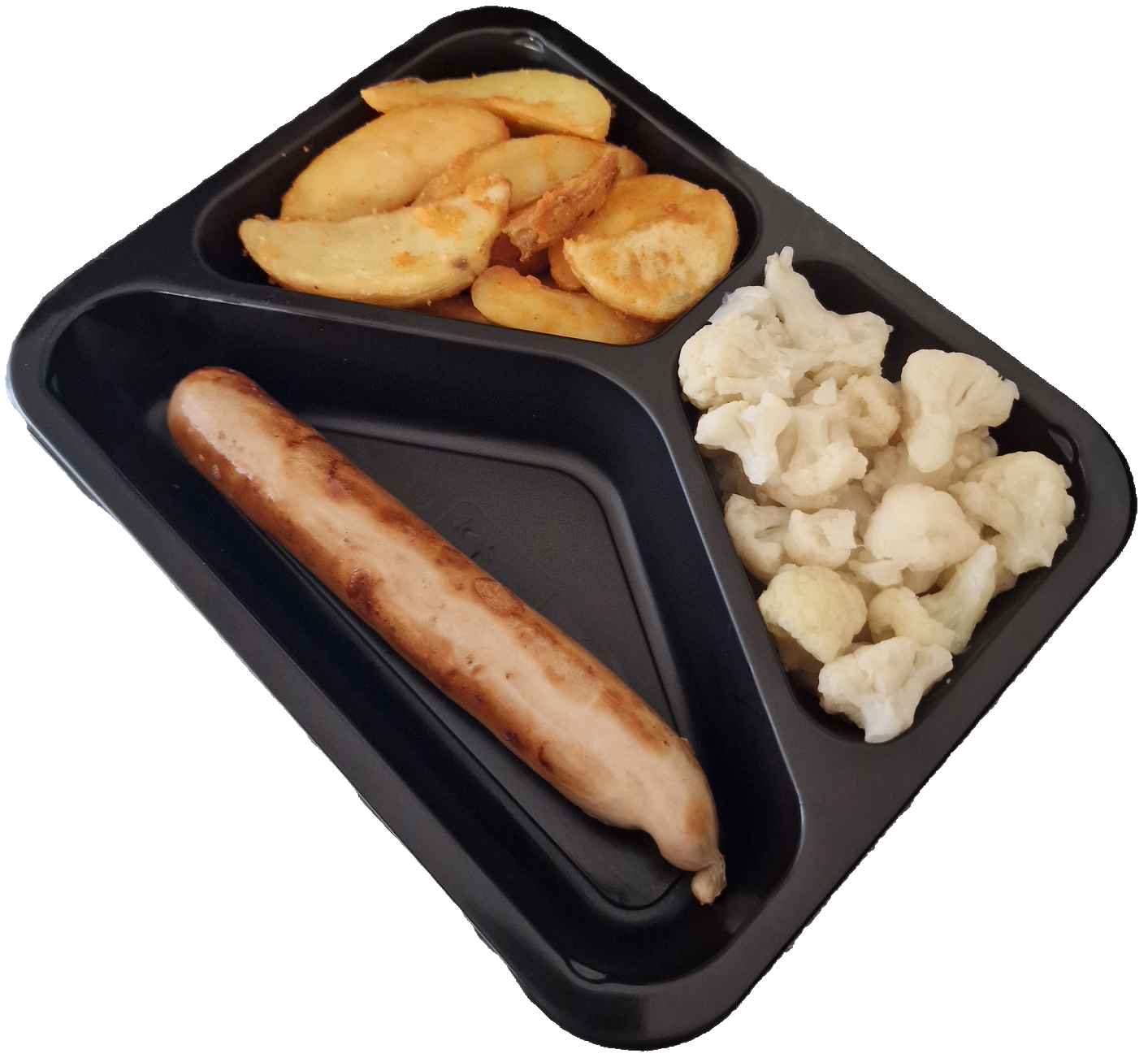 Aardappelpartjes met bloemkool en een braadworst