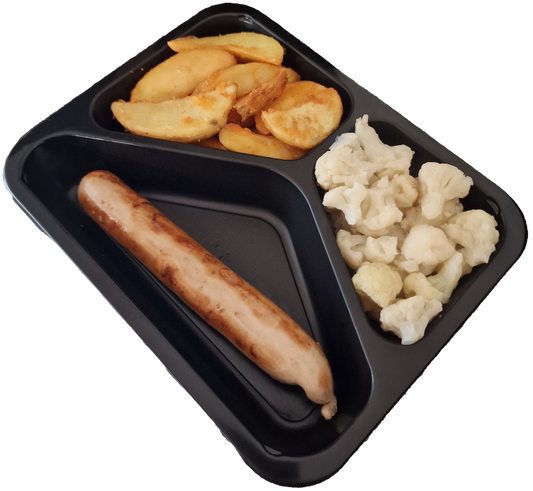 Aardappelpartjes met bloemkool en een braadworst