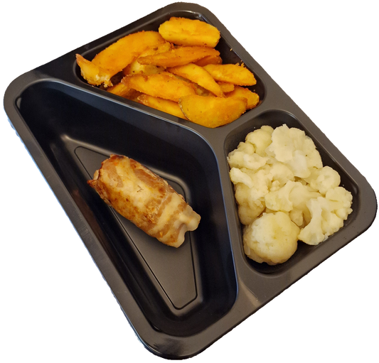 Aardappelpartjes met bloemkool en een slavink