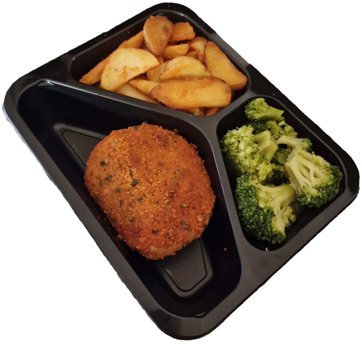 Aardappelpartjes met broccoli en een varkensschnitzel