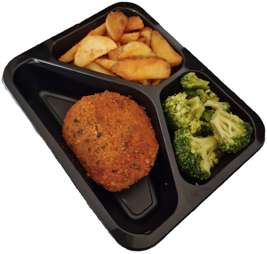 Aardappelpartjes met broccoli en een varkensschnitzel