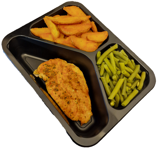 Aardappelpartjes met sperziebonen en een kipfilet