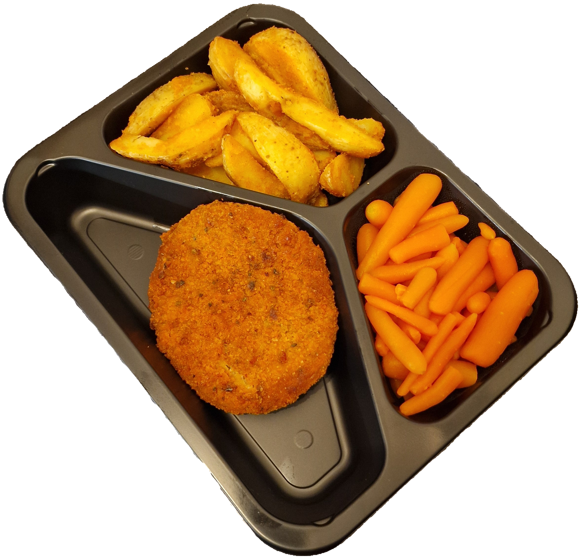 Aardappelpartjes met wortelen en een varkensschnitzel