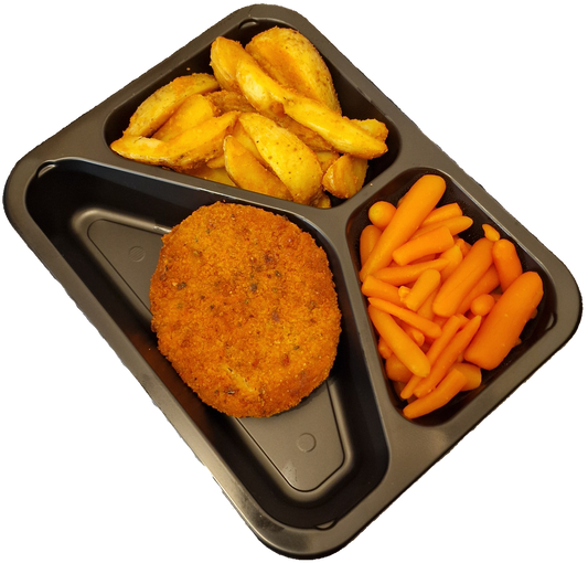 Aardappelpartjes met wortelen en een varkensschnitzel