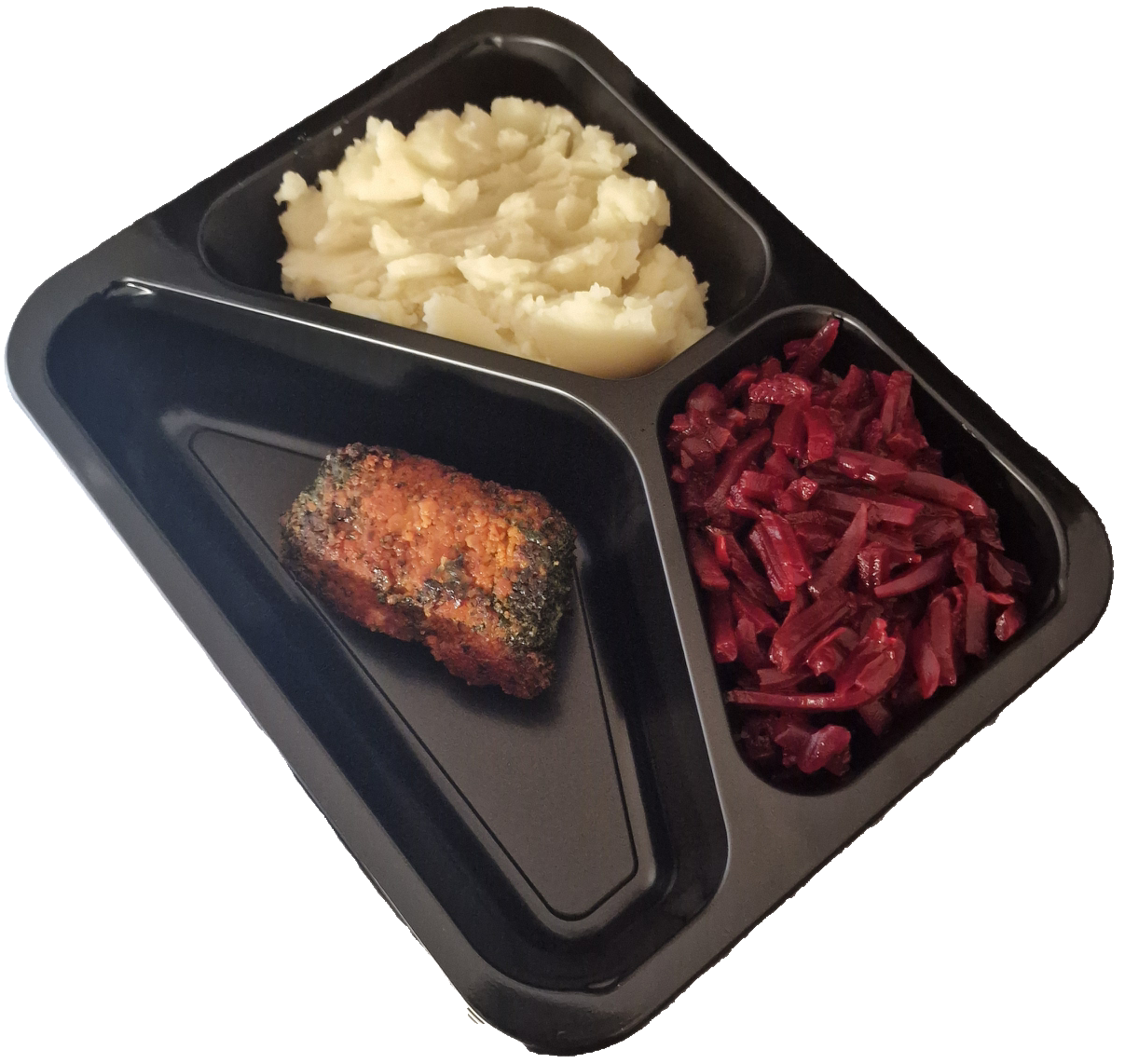 Aardappelpuree met rode bieten en een boomstammetje