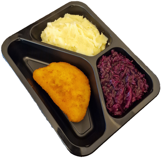 Aardappelpuree met rode kool en een cordon bleu