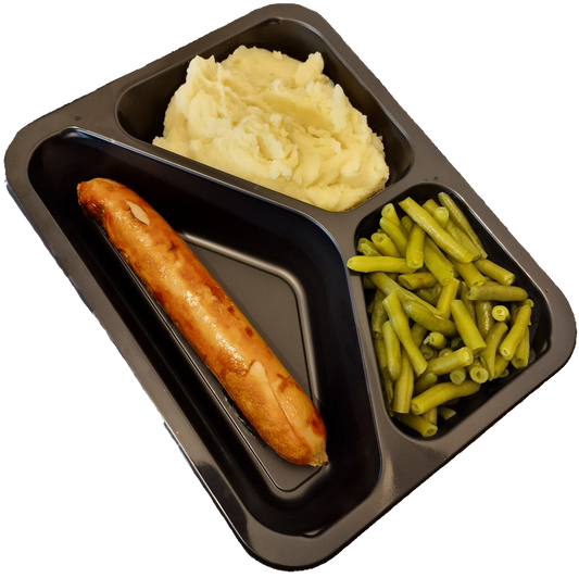 Aardappelpuree met sperziebonen en een braadworst