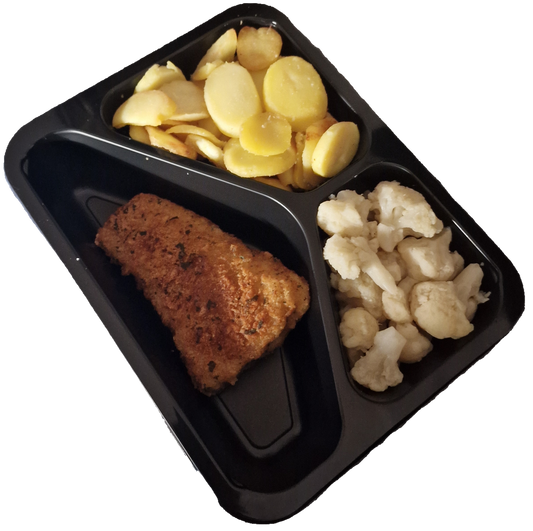 Aardappelschijfjes met bloemkool en een lekkerbek