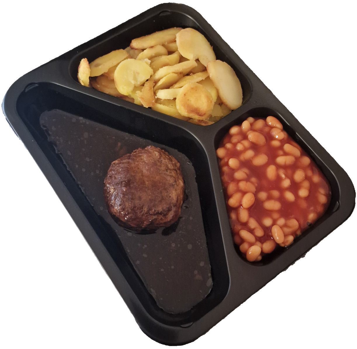 Aardappelschijfjes met witte bonen in tomatensaus en een gehaktbal