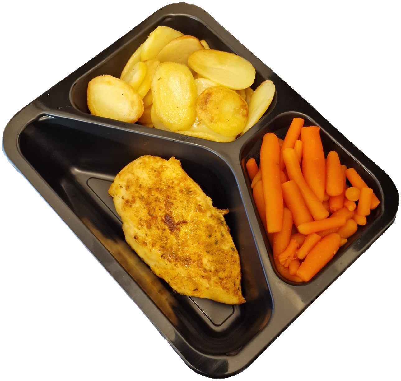 Aardappelschijfjes met wortelen en een kipfilet