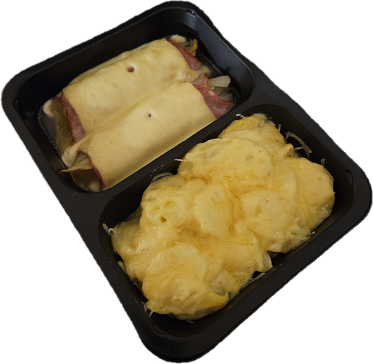 Aardappelgratin met witlof ingerold in ham en kaas