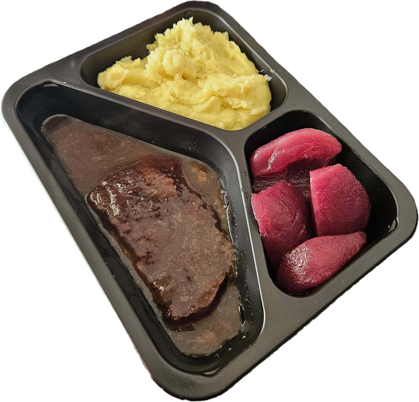 Aardappelpuree met stoofperen en een sukadelap