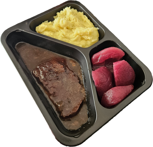 Aardappelpuree met stoofperen en een sukadelap