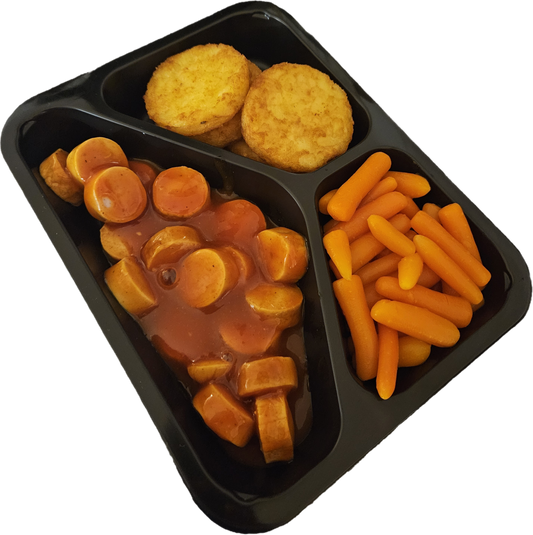 Röstirondjes met wortelen en curryworst