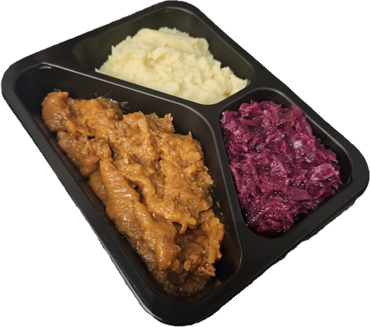 Aardappelpuree met rode kool en hachee