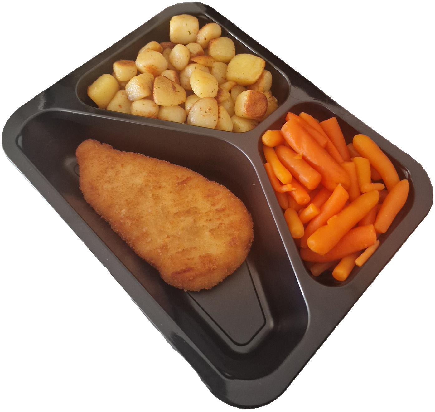 Gebakken krieltjes met wortelen en een kipschnitzel