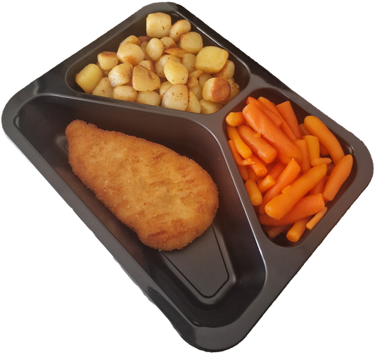 Gebakken krieltjes met wortelen en een kipschnitzel