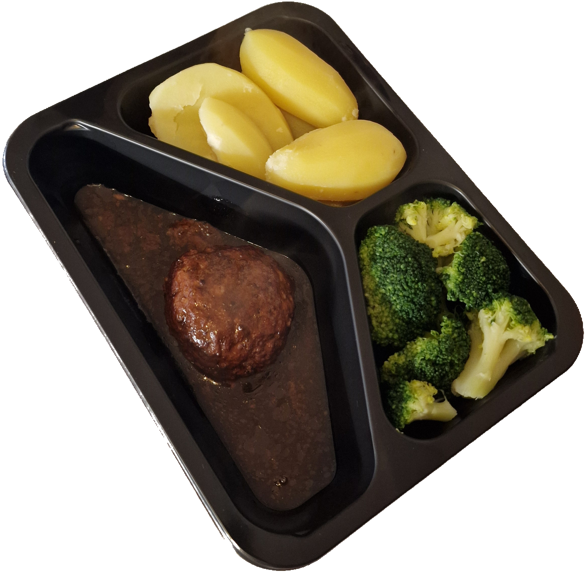 Gekookte aardappelen met broccoli en een gehaktbal