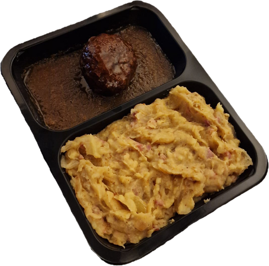 Stamppot hete bliksem met een gehaktbal