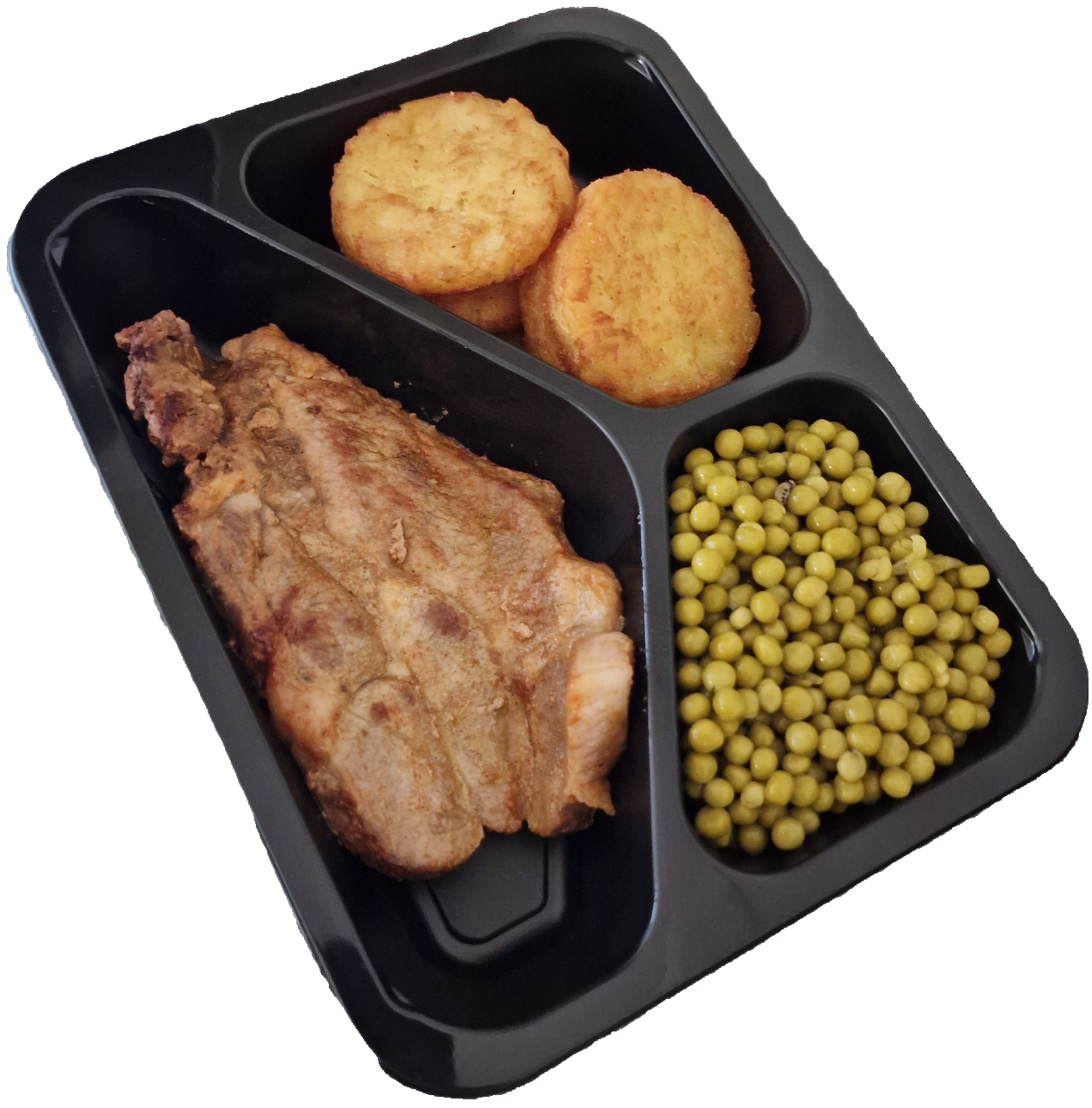 Röstirondjes met doperwten en een karbonade