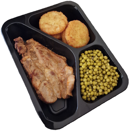 Röstirondjes met doperwten en een karbonade