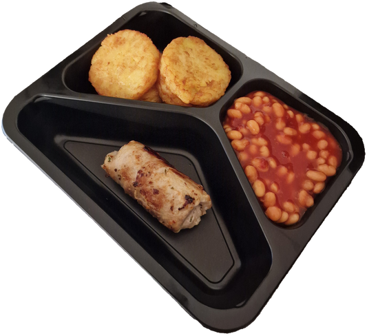 Röstirondjes met witte bonen in tomatensaus en een slavink